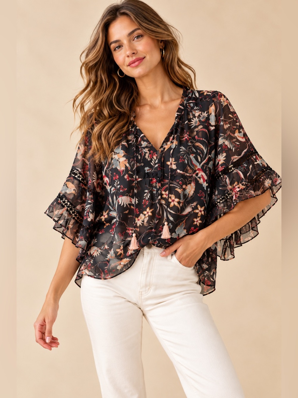 Anthropologie Maeve Dark Floral Boho Semi Sheer Ruffle Bell Sleeve Flowy Blouse
